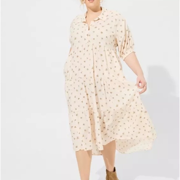 NWT Torrid Maxi Dress Tiered Shirt Dress Hi Low Floral Challis Torrid Size 1 - Picture 1 of 16